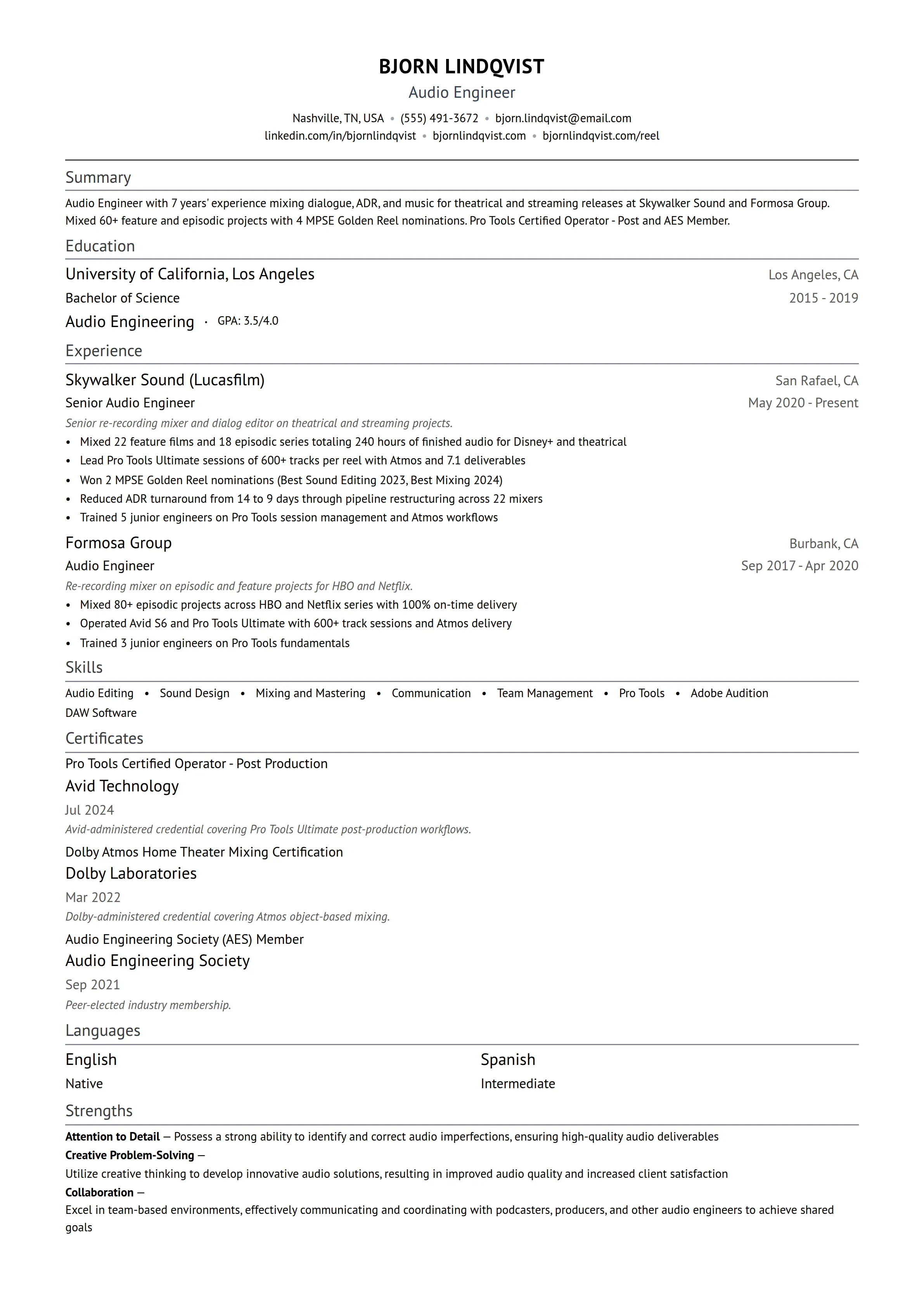 Audio Job Resume Example 18 Audio Engineer Resume Examples & Guide for 2026