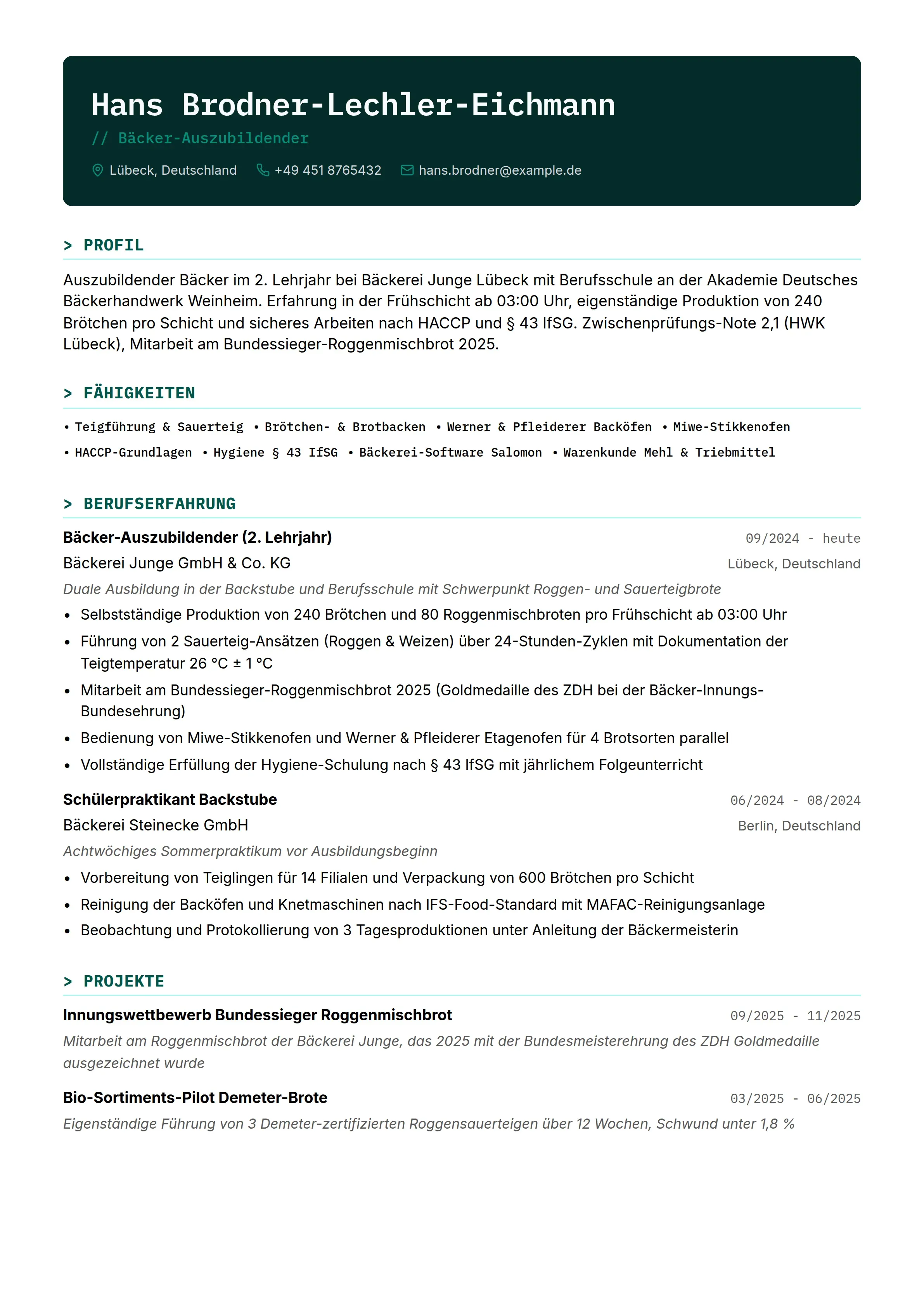 Azubi Cv 12 Bäcker Lebenslauf Beispiele & Leitfaden 2026