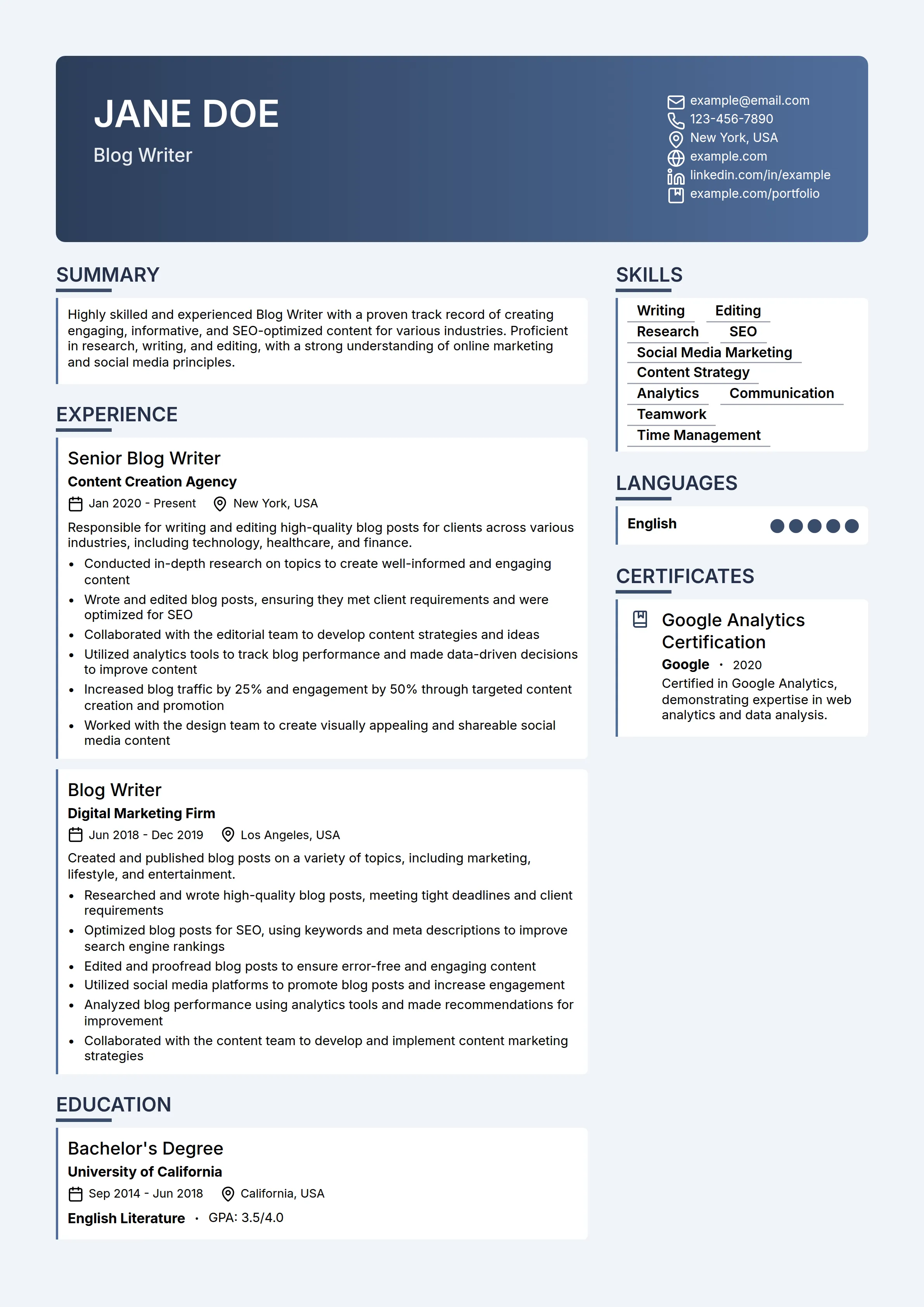 13 Blog Writer Resume Examples & Guide for 2026