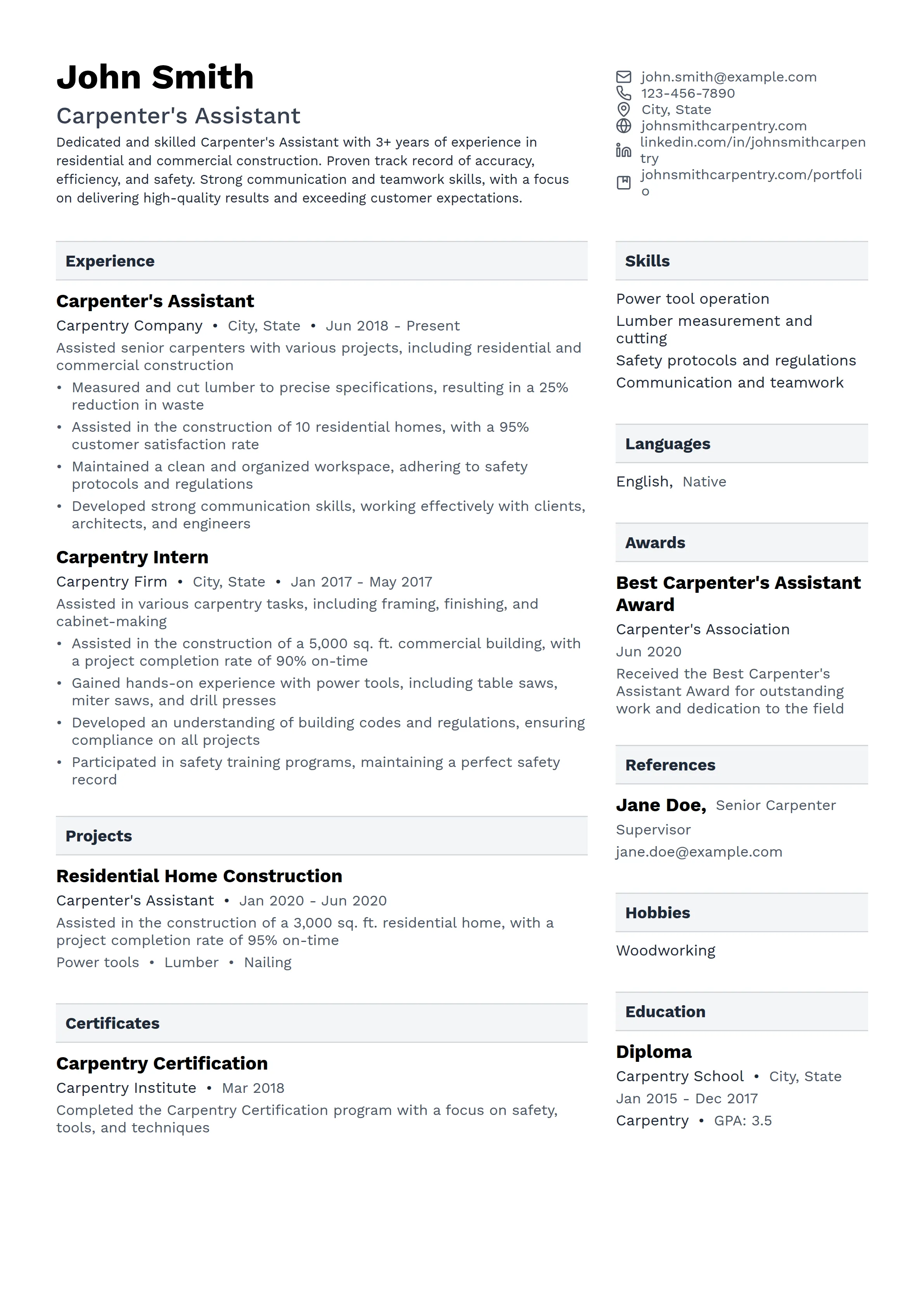 21 Carpenter Resume Examples & Guide for 2026