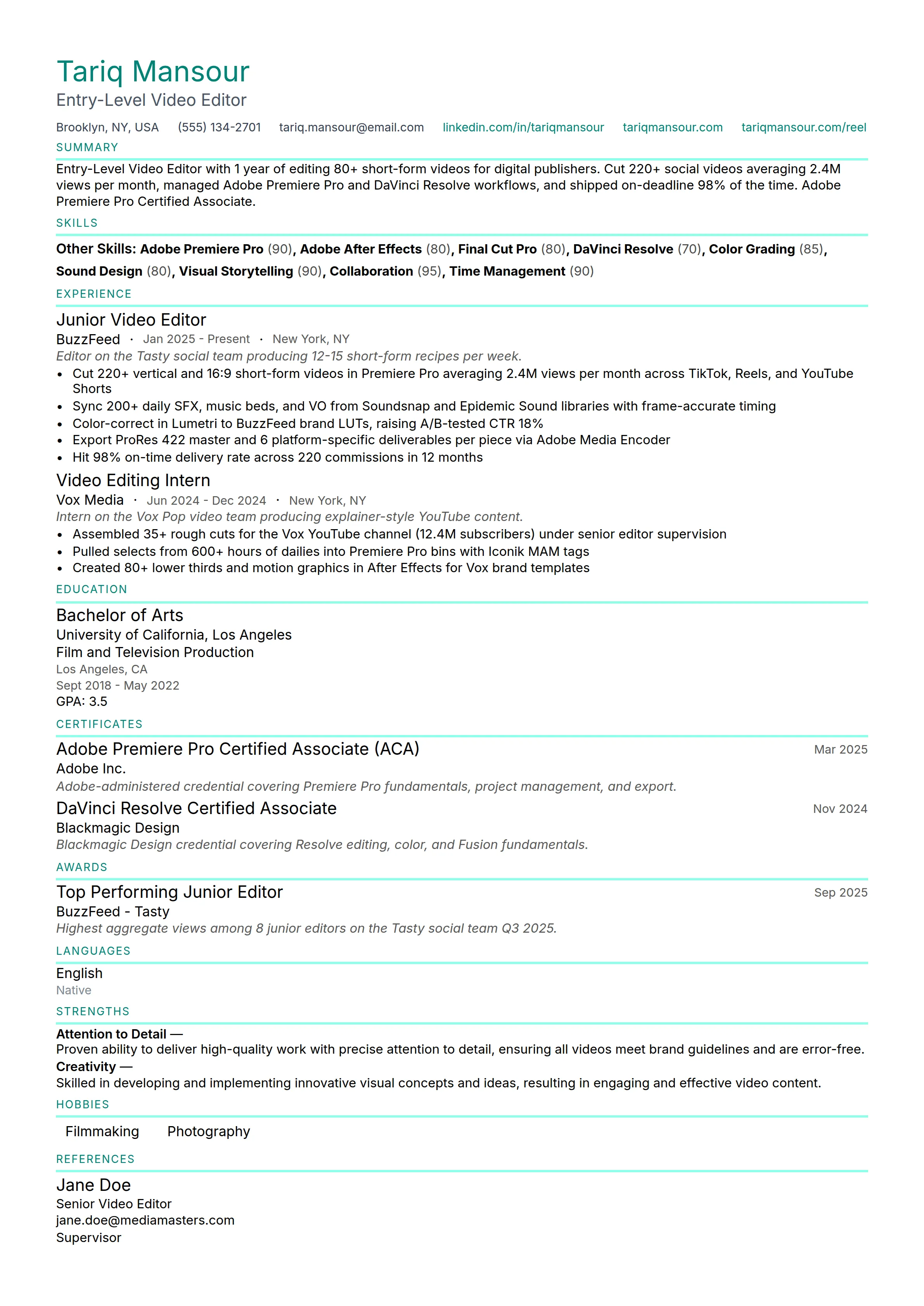 13 Video Editor Resume Examples & Guide for 2026