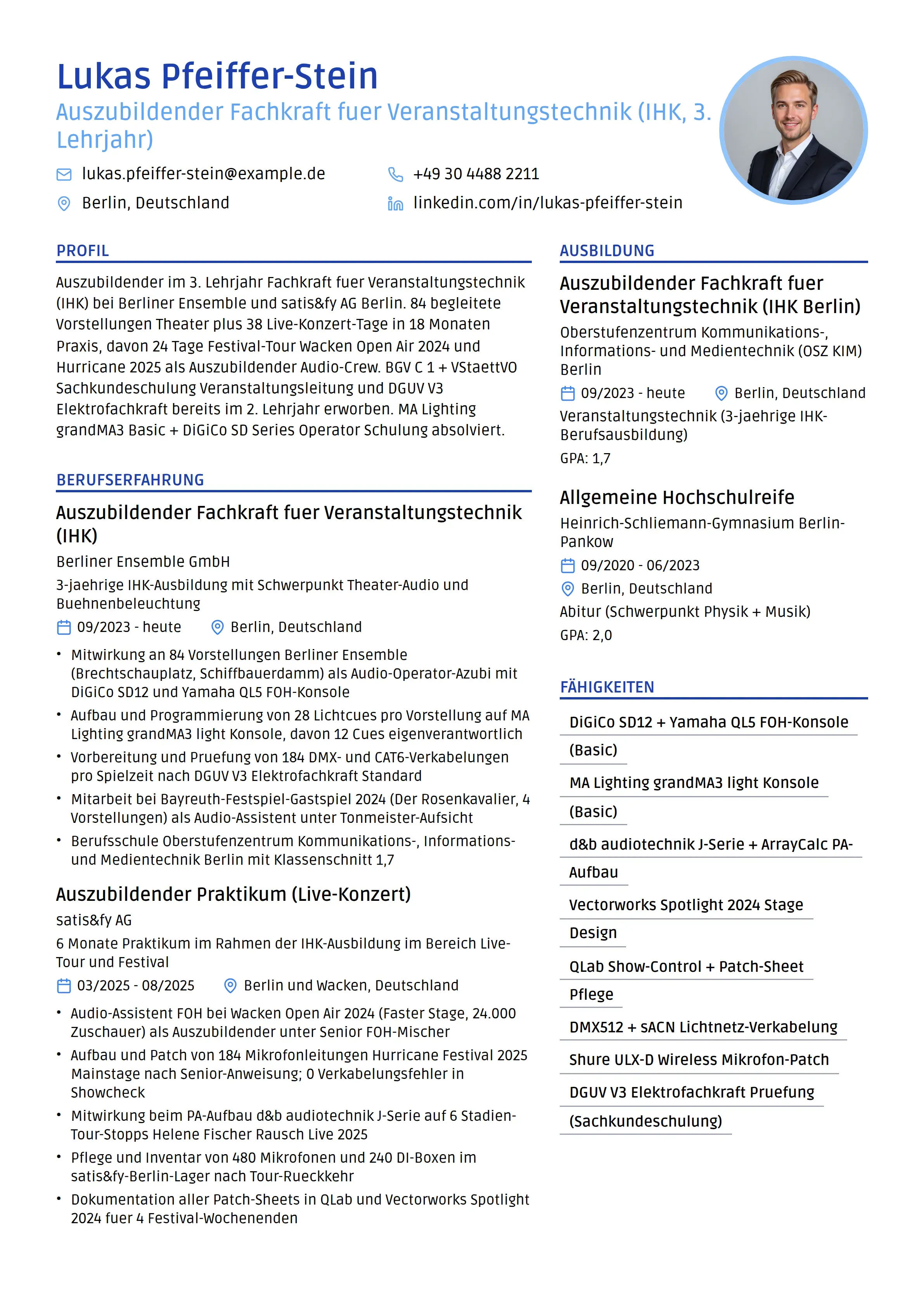 Azubi Cv 12 Veranstaltungstechniker Lebenslauf Beispiele & Leitfaden 2026