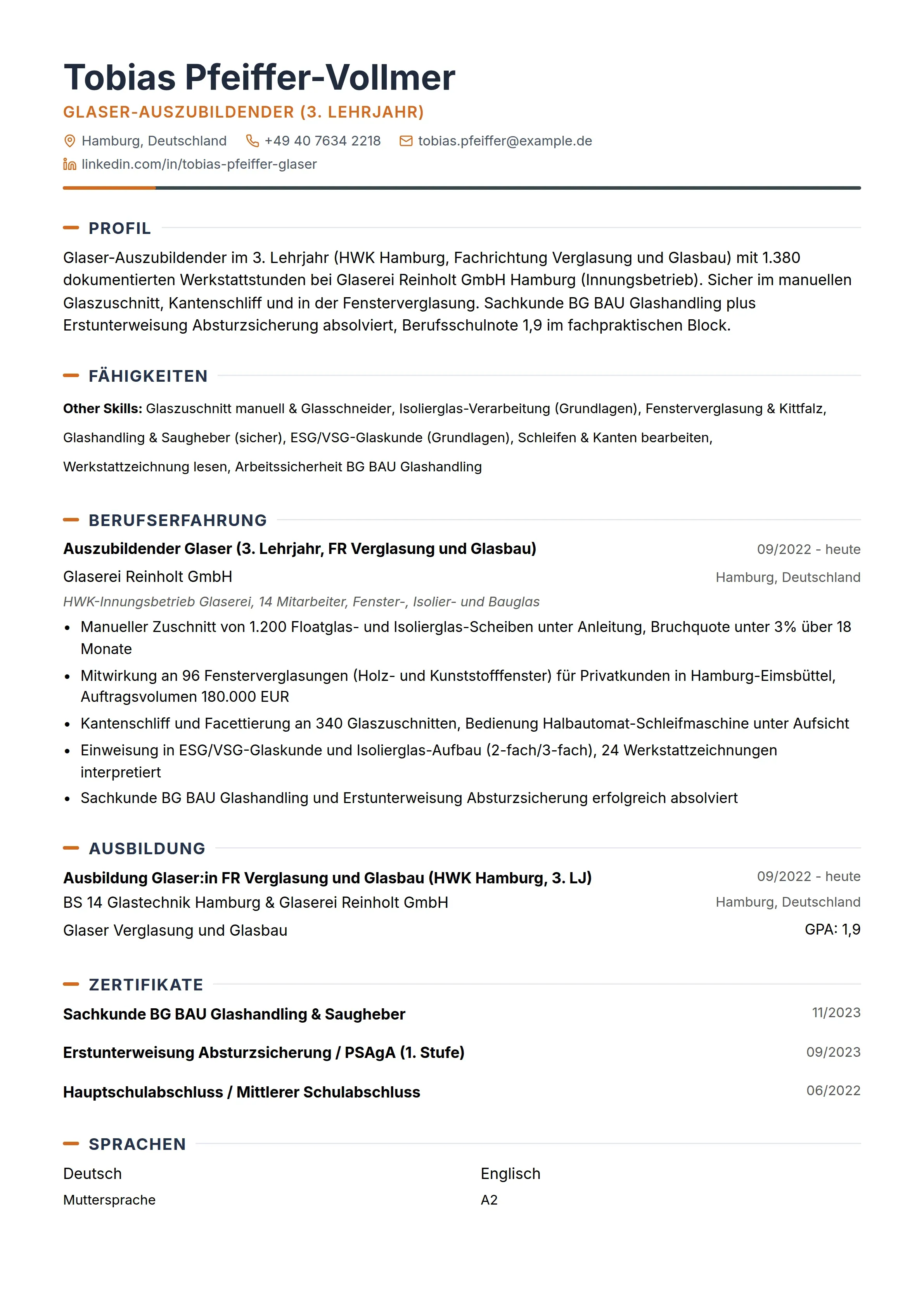 Azubi Cv 12 Glaser:in Lebenslauf Beispiele & Leitfaden 2026