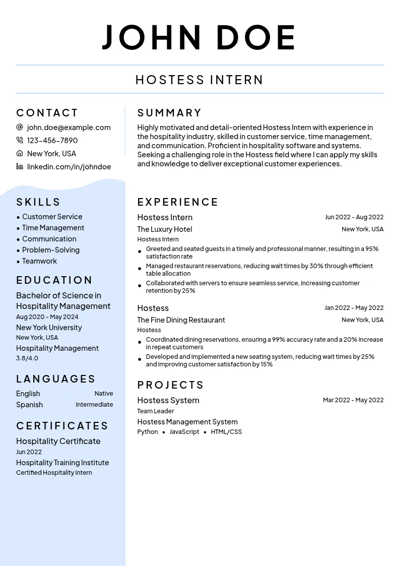Hostess Cv Example 18 Hostess Resume Examples & Guide for 2026