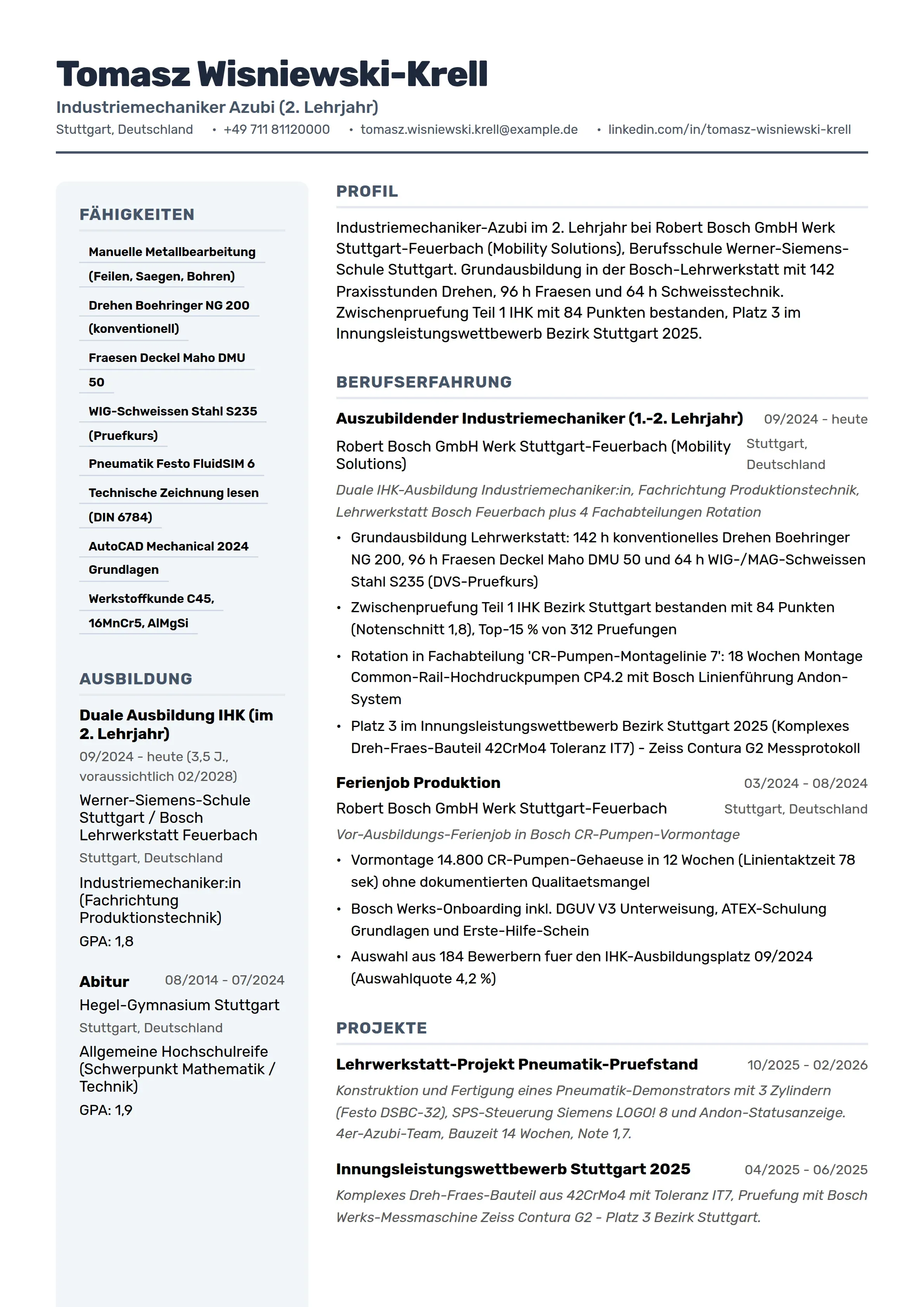 Azubi Cv 12 Industriemechaniker Lebenslauf Beispiele & Leitfaden 2026