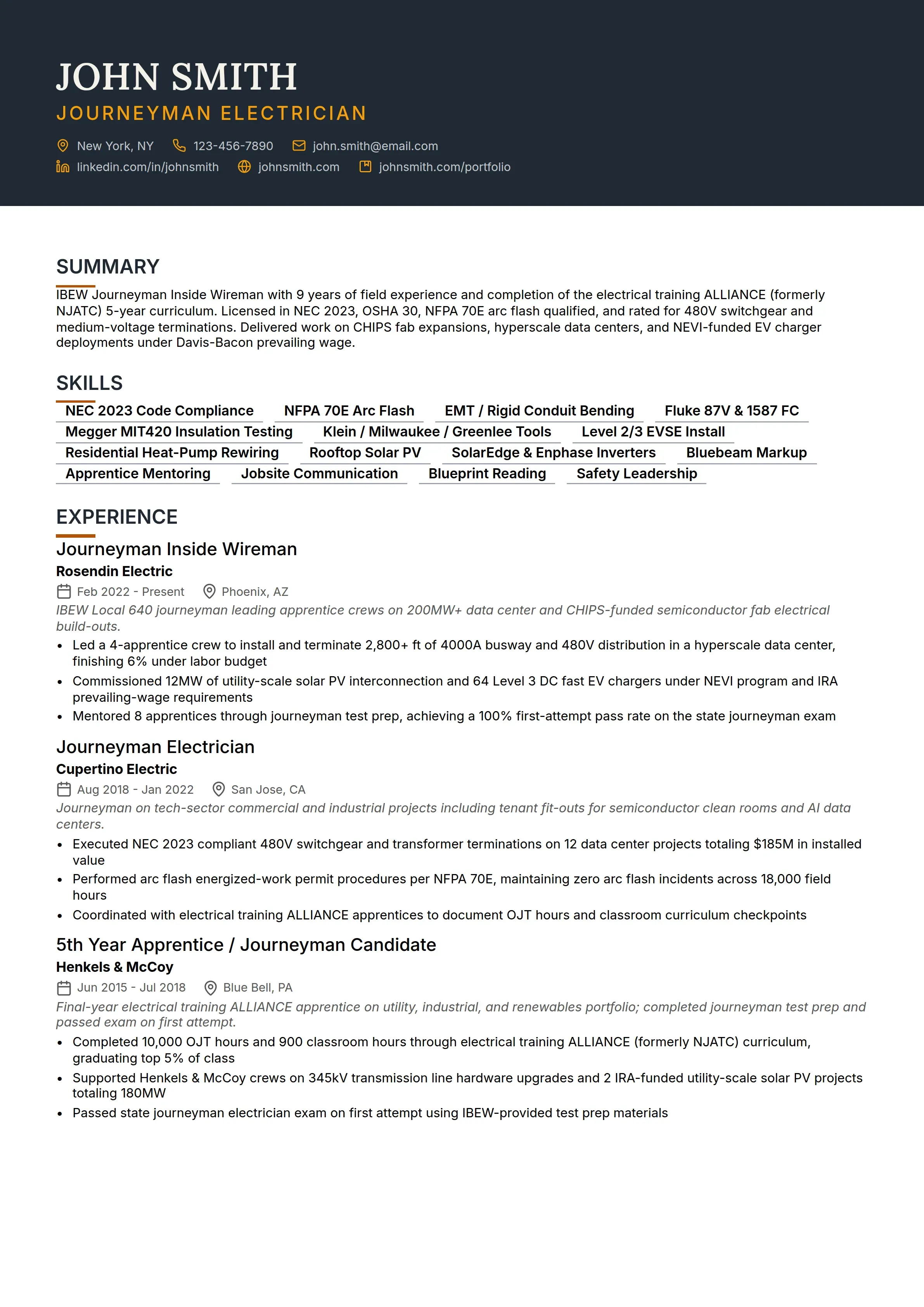 16 Electrician Resume Examples & Guide for 2026