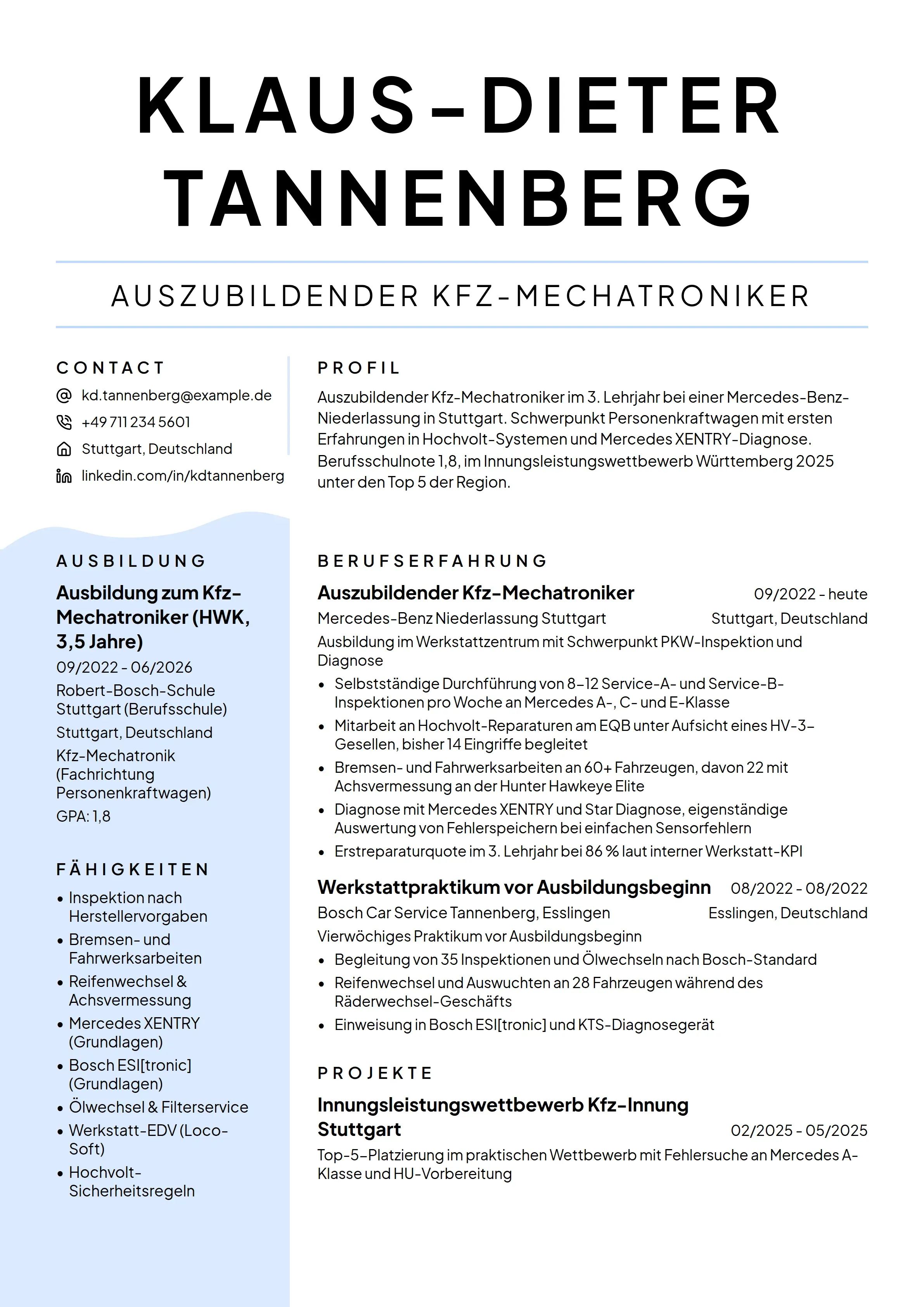 Azubi Cv 12 Kfz-Mechatroniker Lebenslauf Beispiele & Leitfaden 2026