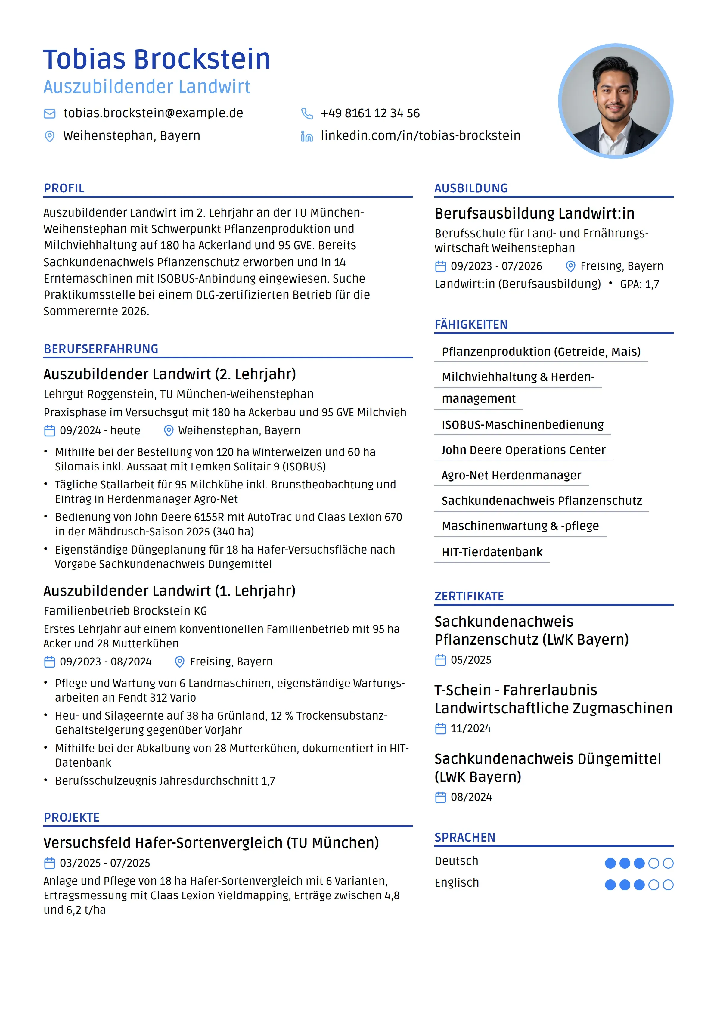 Azubi Cv 12 Agronom / Landwirtschaftsingenieur Lebenslauf Beispiele & Leitfaden 2026