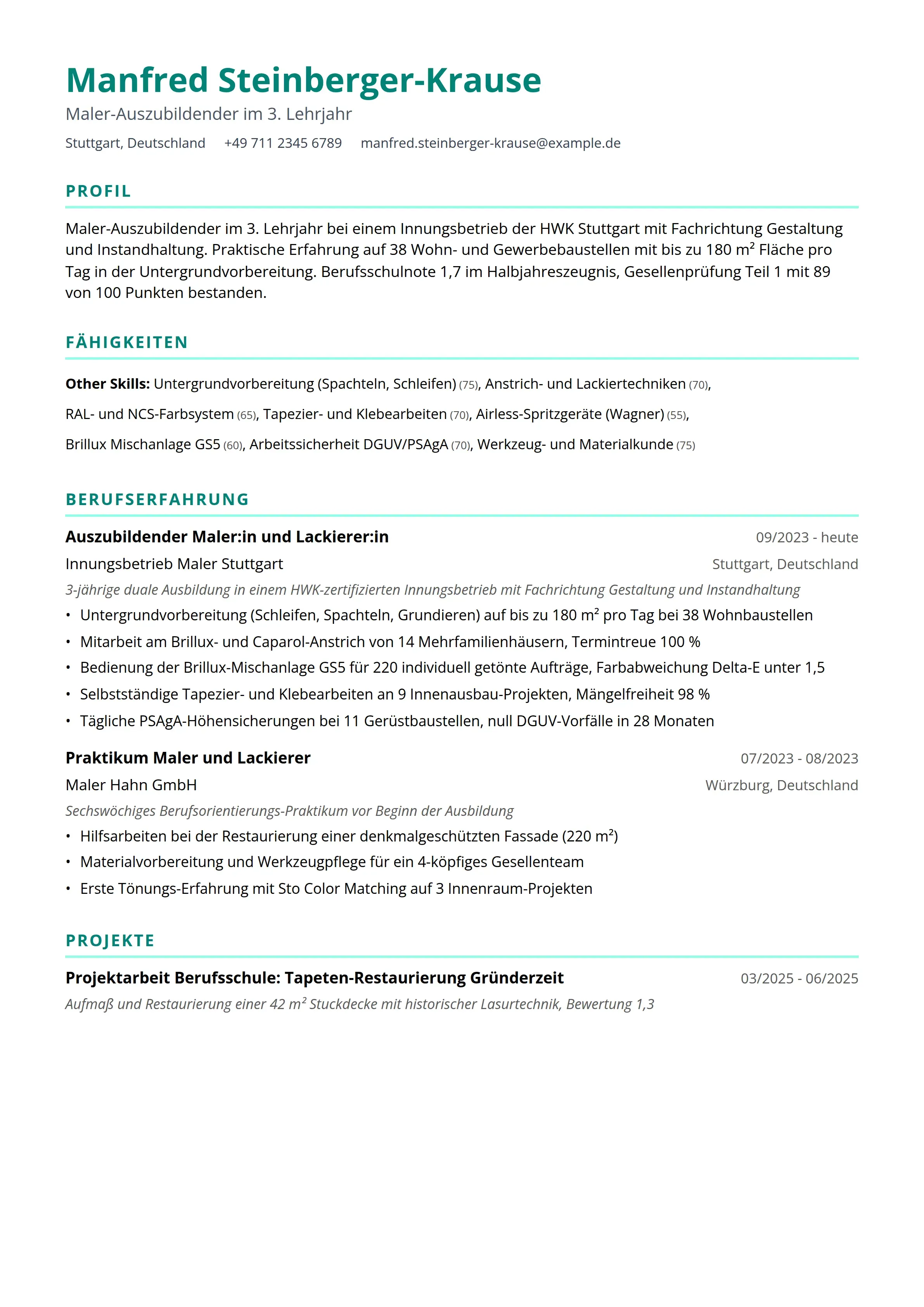 Azubi Cv 12 Maler und Lackierer Lebenslauf Beispiele & Leitfaden 2026