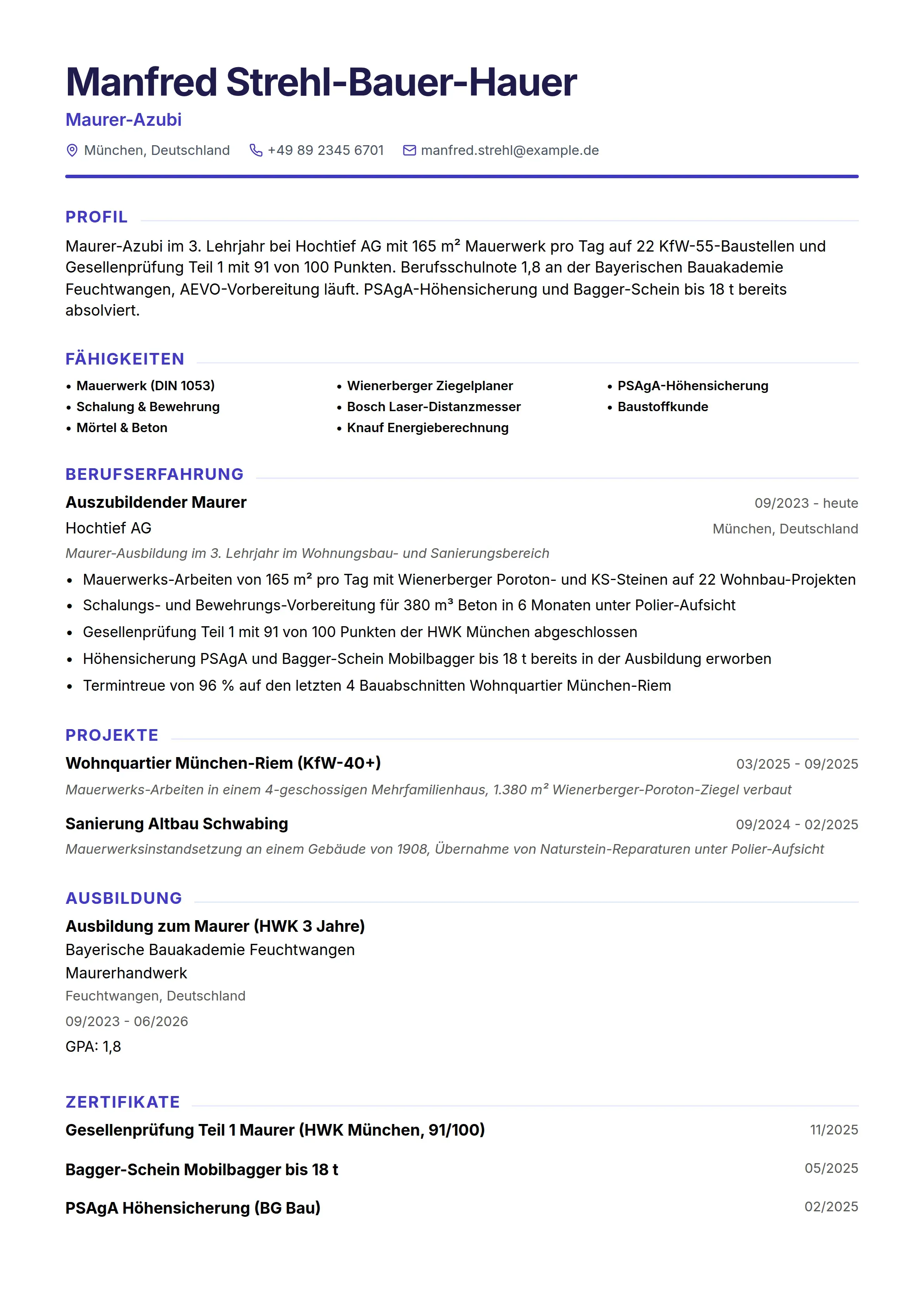 Azubi Cv 12 Maurer Lebenslauf Beispiele & Leitfaden 2026