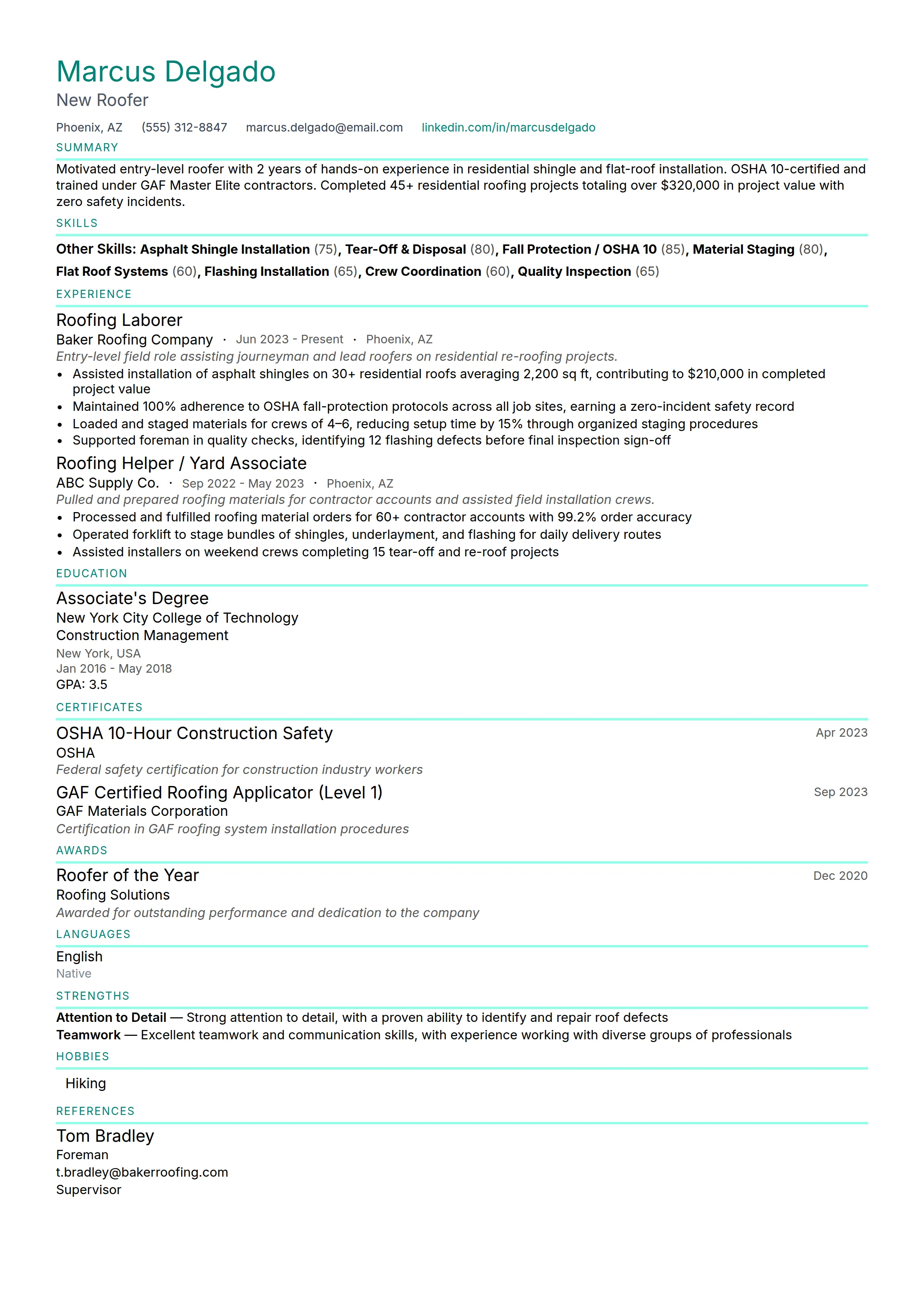 15 Roofer Resume Examples & Guide for 2026