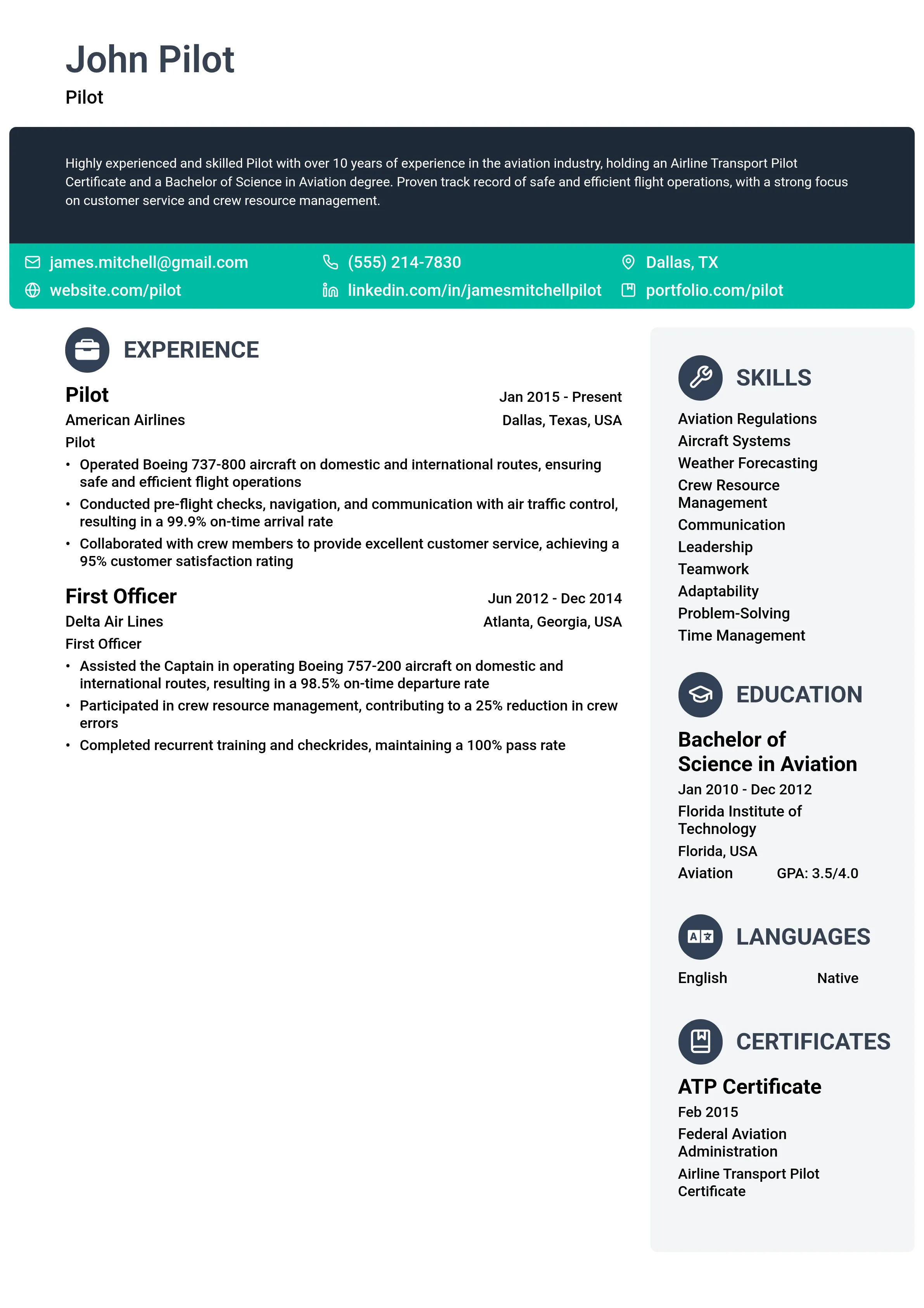 14 Pilot Resume Examples & Guide for 2026