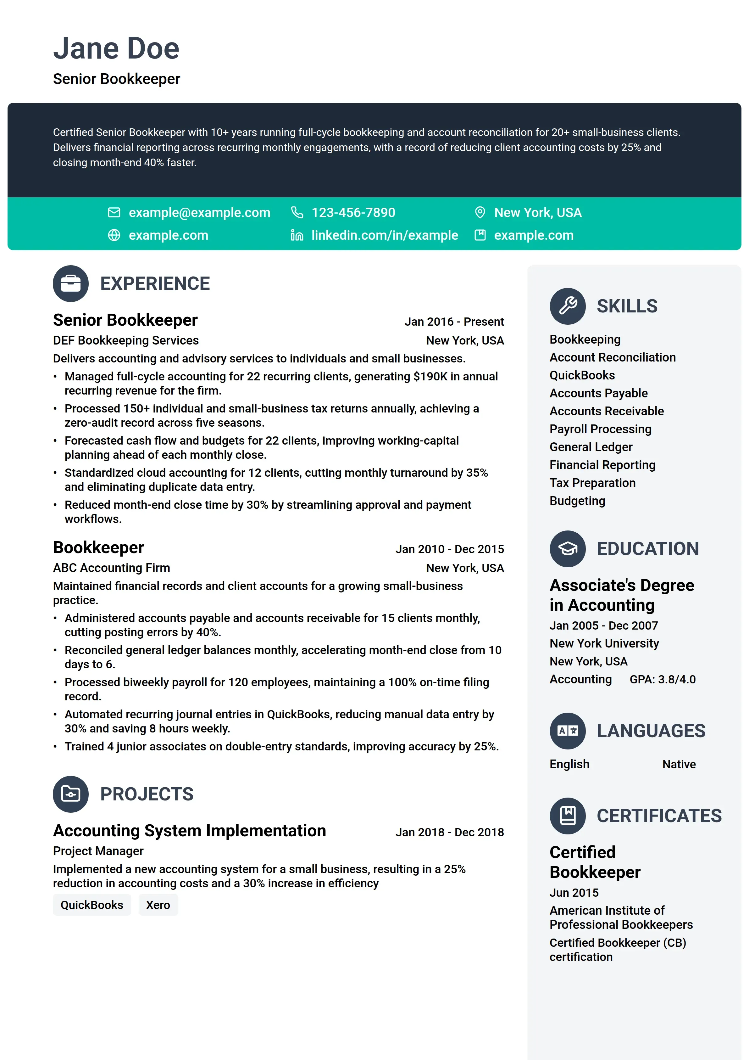 10 Bookkeeper Resume Examples & Guide for 2026