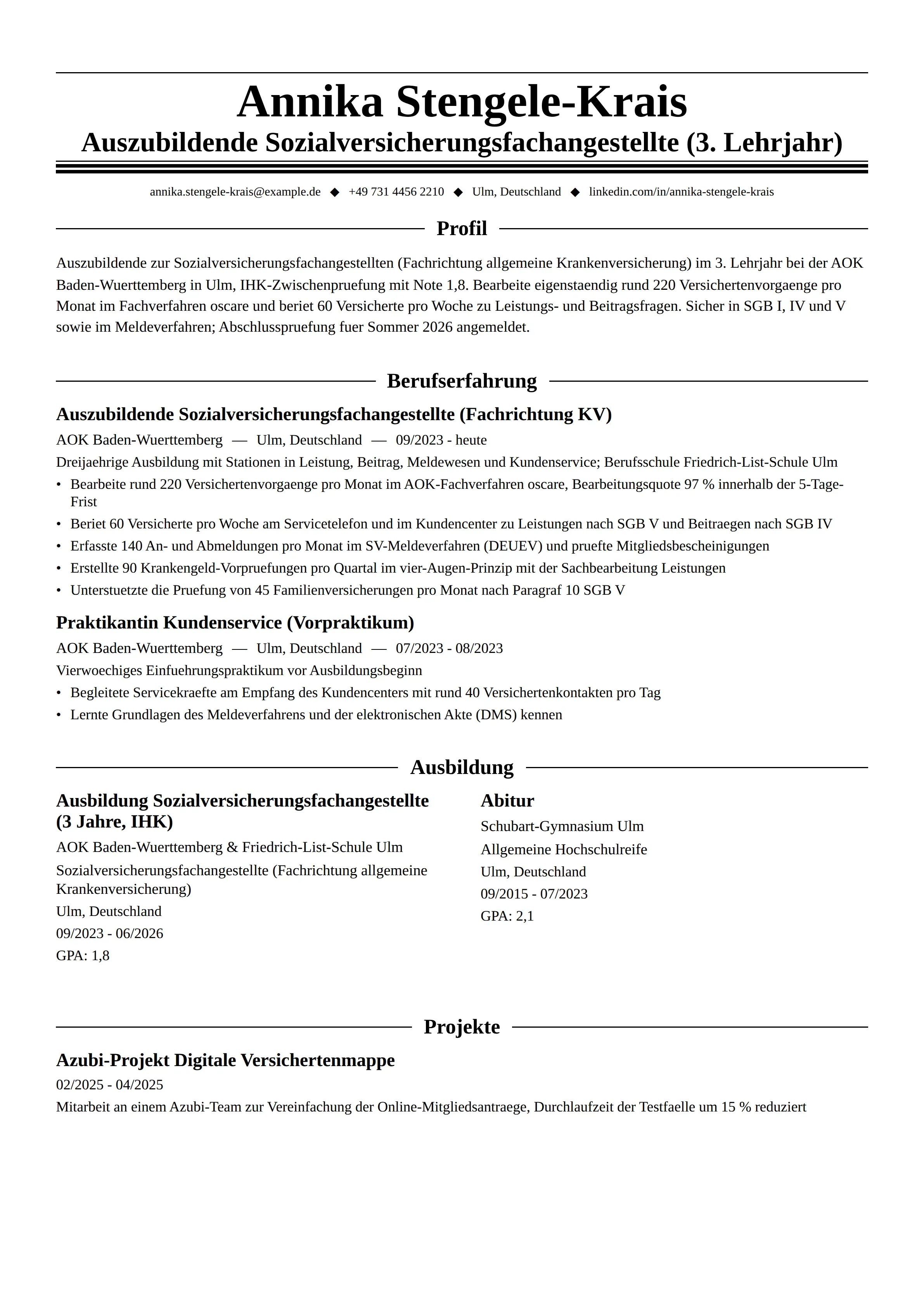 Azubi Cv 12 Sozialversicherungsfachangestellte Lebenslauf Beispiele & Leitfaden 2026