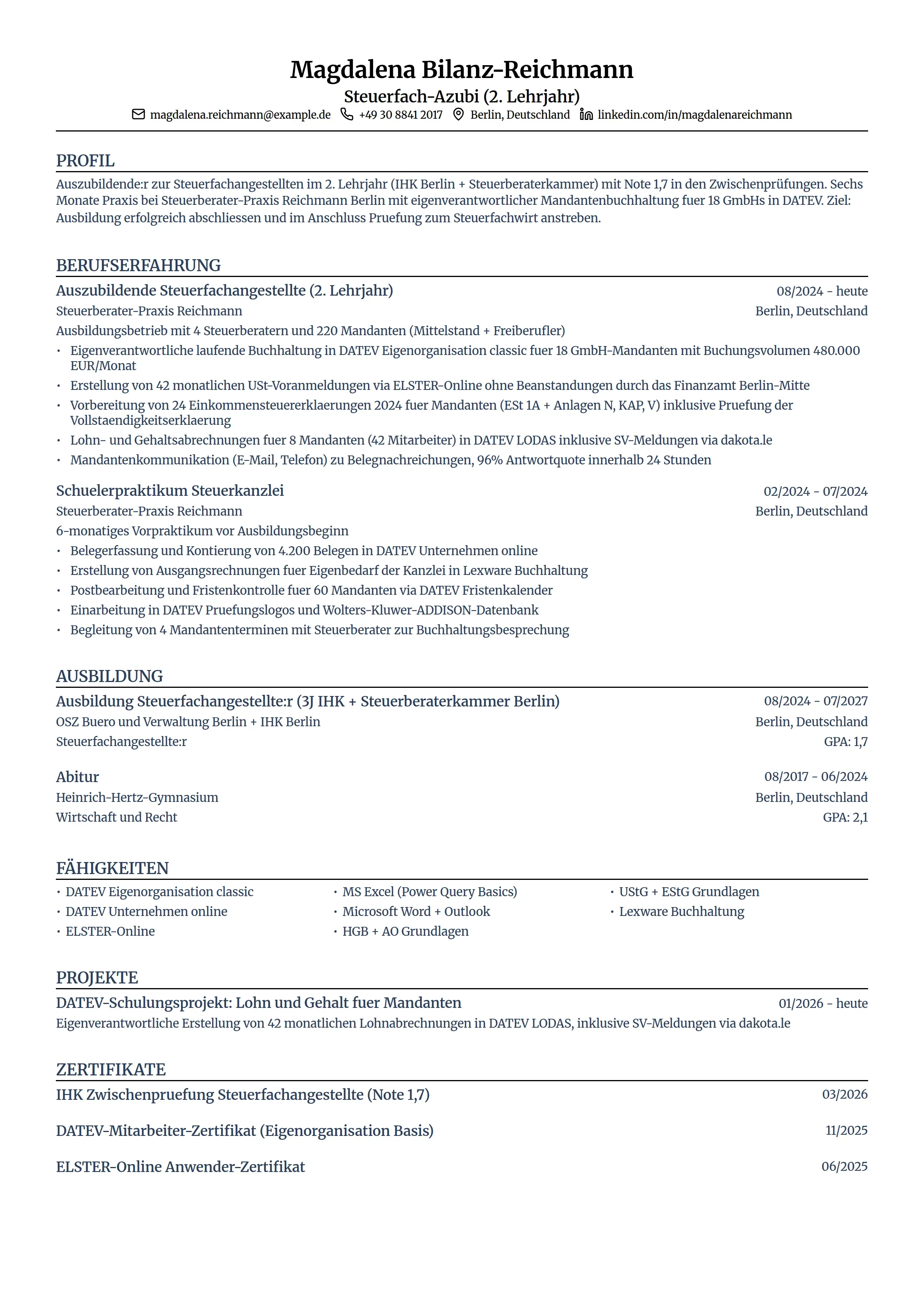 Azubi Cv 12 Steuerfachangestellter Lebenslauf Beispiele & Leitfaden 2026