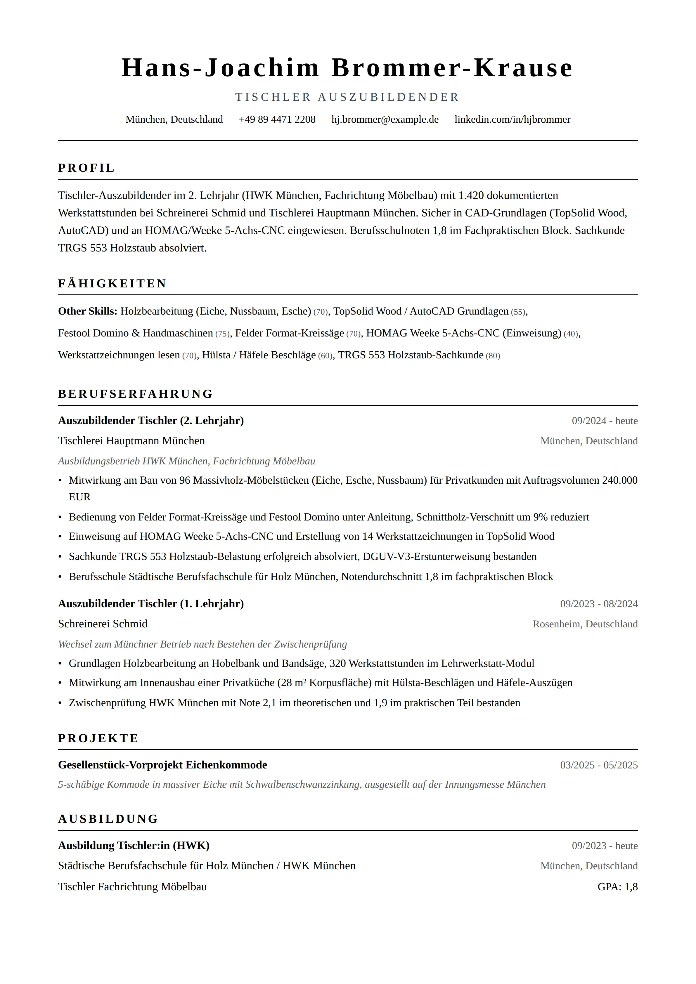 Azubi Cv 13 Tischler / Schreiner Lebenslauf Beispiele & Leitfaden 2026