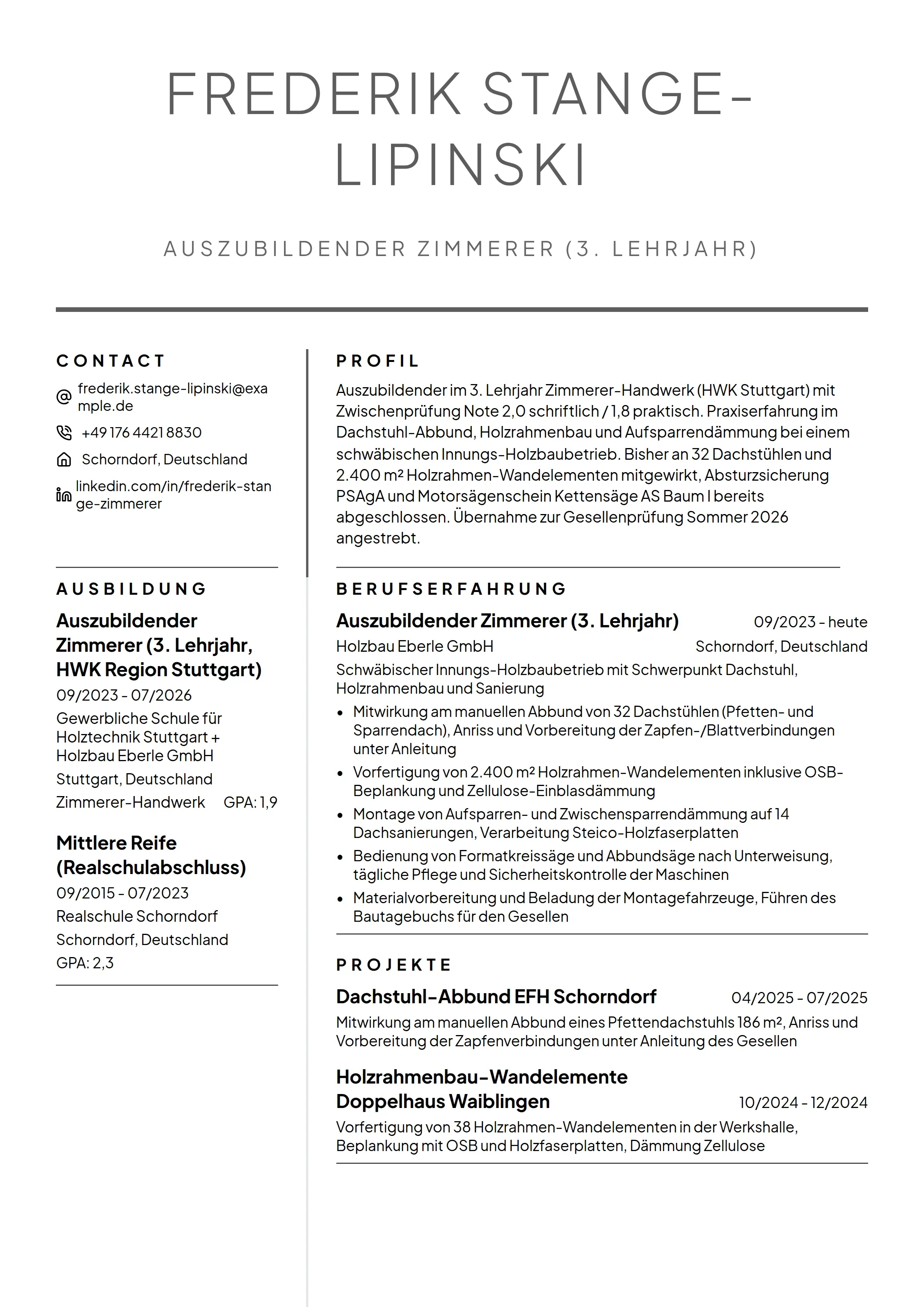 Azubi Cv 12 Zimmerer Lebenslauf Beispiele & Leitfaden 2026